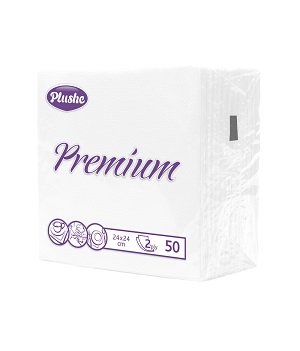 PLUSHE Салфетки бумажные Premium, 2 сл, 24х24 см, белые, 50 листов 